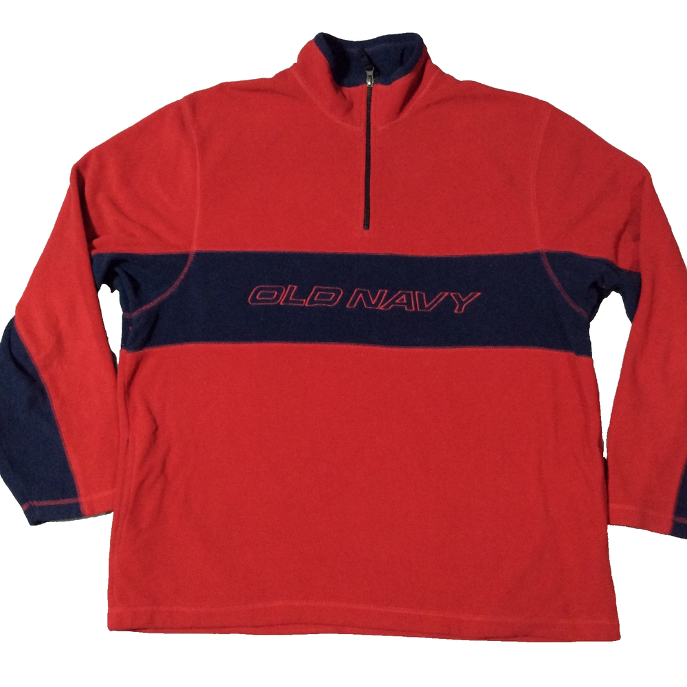 Vtg Old Navy Fleece Pullover Men's XL Red Navy 1/4 Zip Sweatshirt Y2K Spell Out