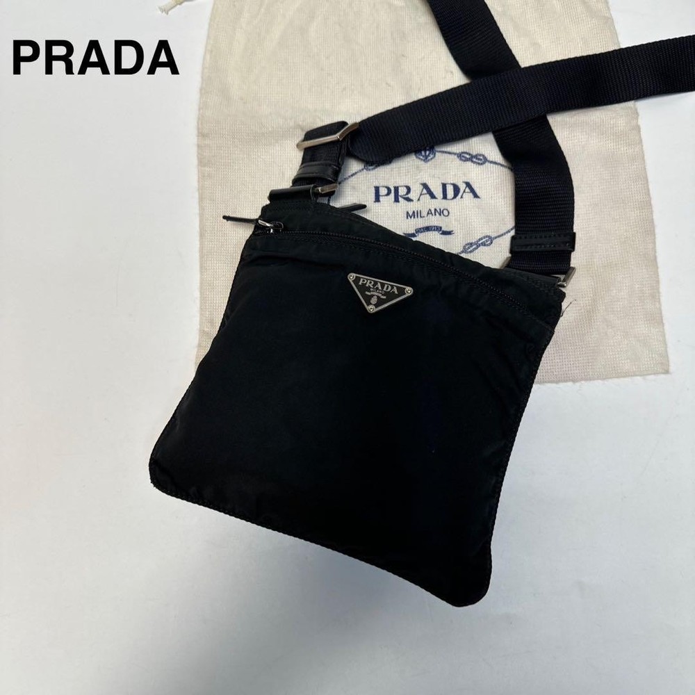 Prada nylon black triangular logo sacoche shoulder bag excellent condition