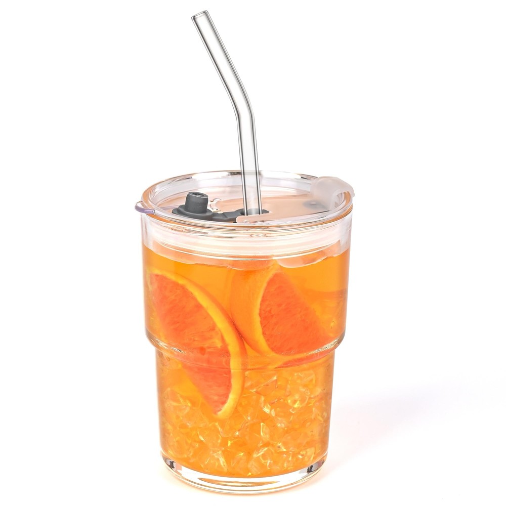 13oz Glass Tumbler with Straw and Lid, Reusable Iced Coffee Cup