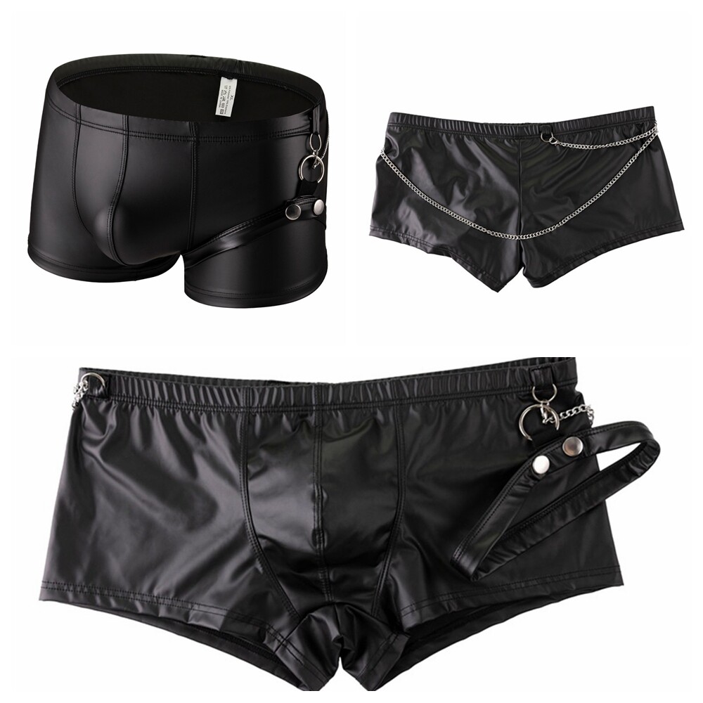 Men Underwear Detachable Chain Shorts Clubwear Nightwear Choker Glossy Panties