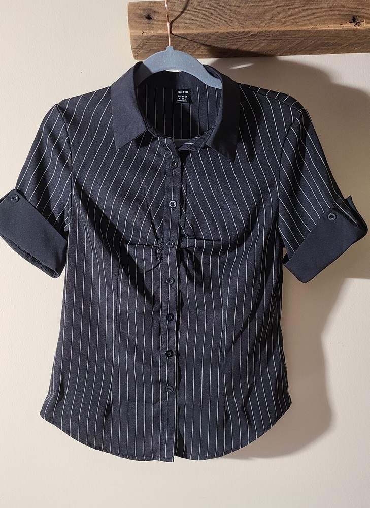 SHEIN Unity Women's Casual Striped Slim Shirt Front Buttons Rolled-Up Sleeves