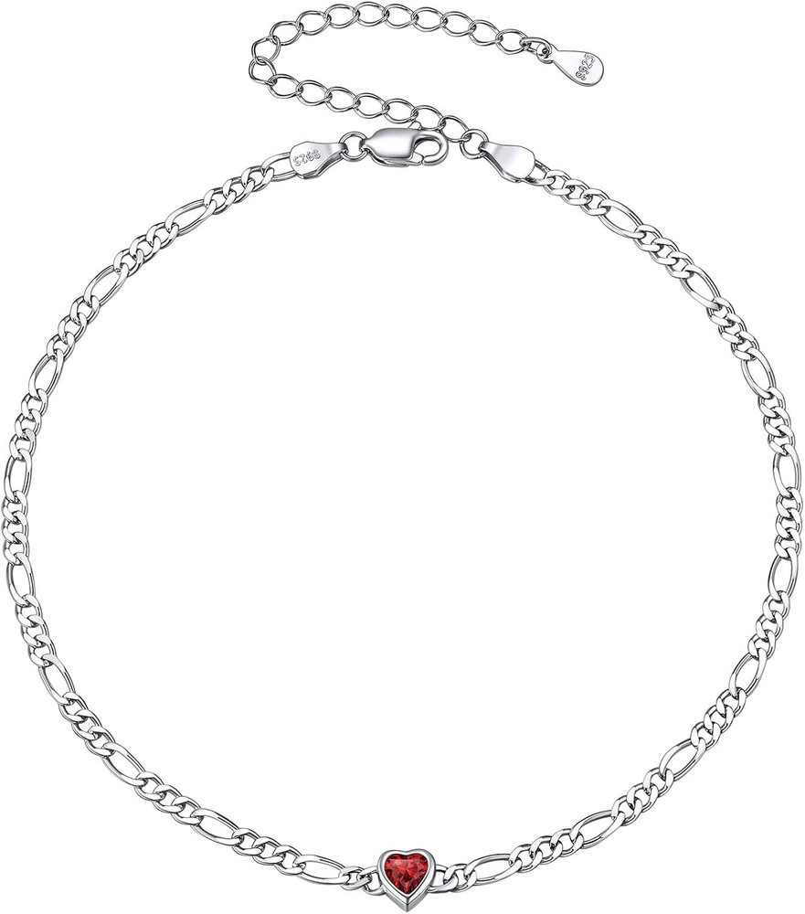 925 Sterling Silver Heart Birthstone Figaro Chain Anklet for Women Simple Dainty