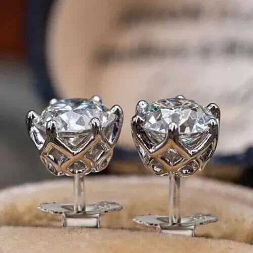 1.40Ct Round Cut Real Moissanite Solitaire Stud Earring 14K White Gold Plated