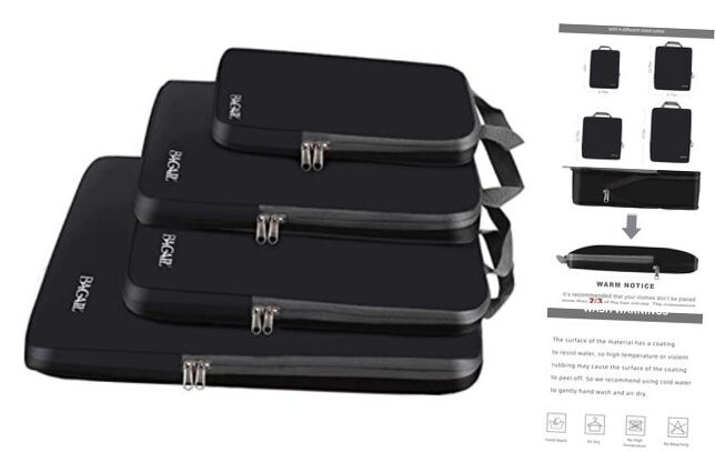 BAGAIL 4/6/8 Set Compression Packing Cubes for Travel in Black Cloth Pattern