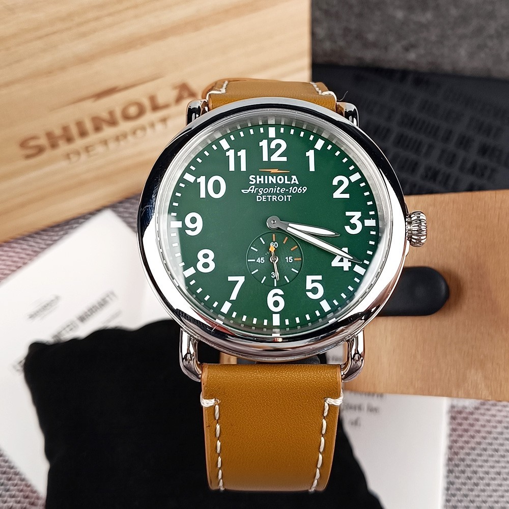 Men's Shinola Runwell 47mm Green Dial Brown Leather Strap Quartz Watch w/ Box