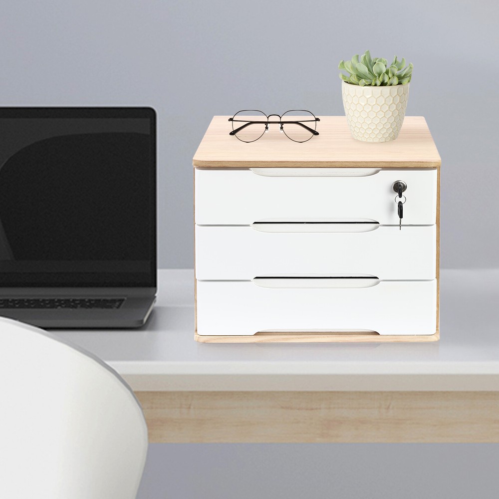 Wooden Desktop Storage Box, Desk Organizer, Desktop Box with Lockable Drawers