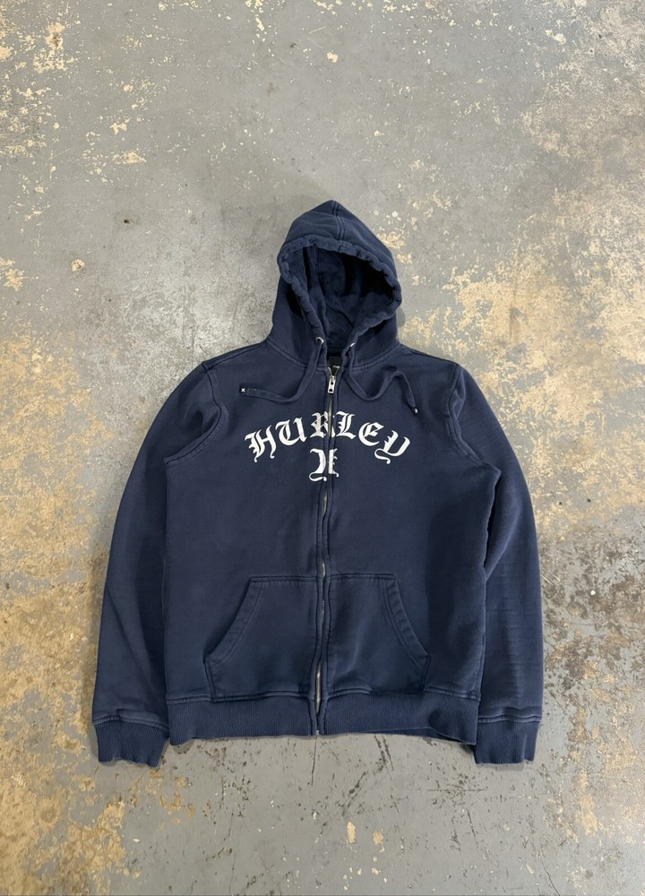 Vintage Navy Blue Hurley Y2K Grunge Zip Up Hoodie Jacket Coat-Size M
