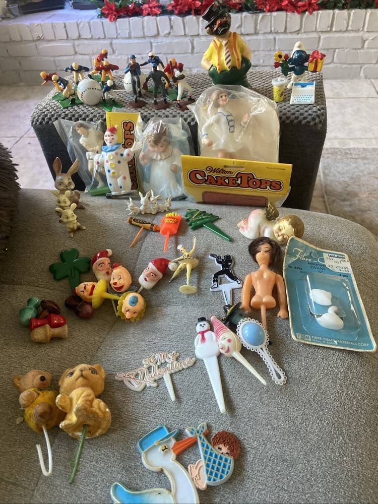 Huge Lot Pieces Vintage Cake Cupcake Toppers Clowns Sports Baby Wilton  45 Items