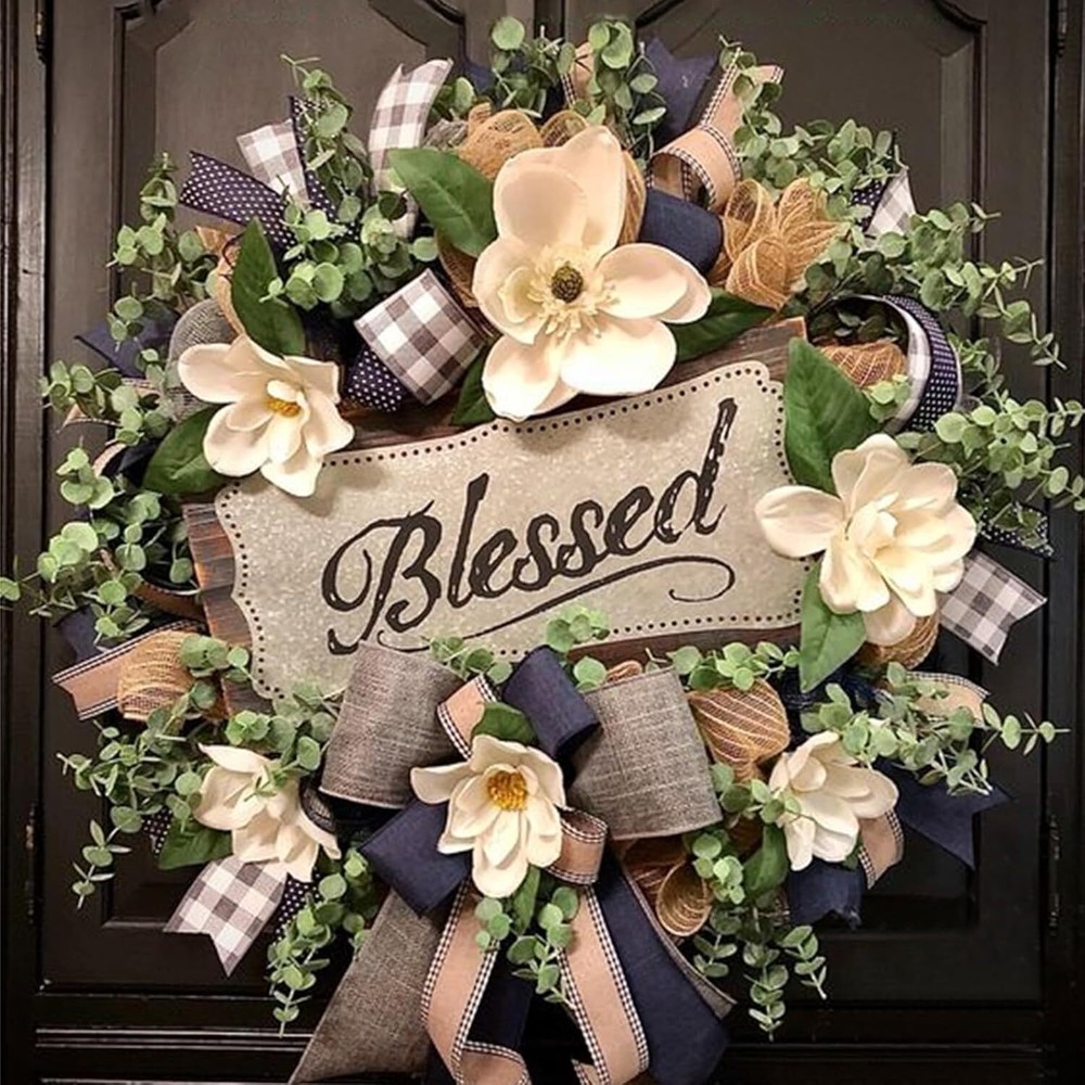 Farmhouse Magnolia Wreath for Spring Summer Front Door Porch Decor