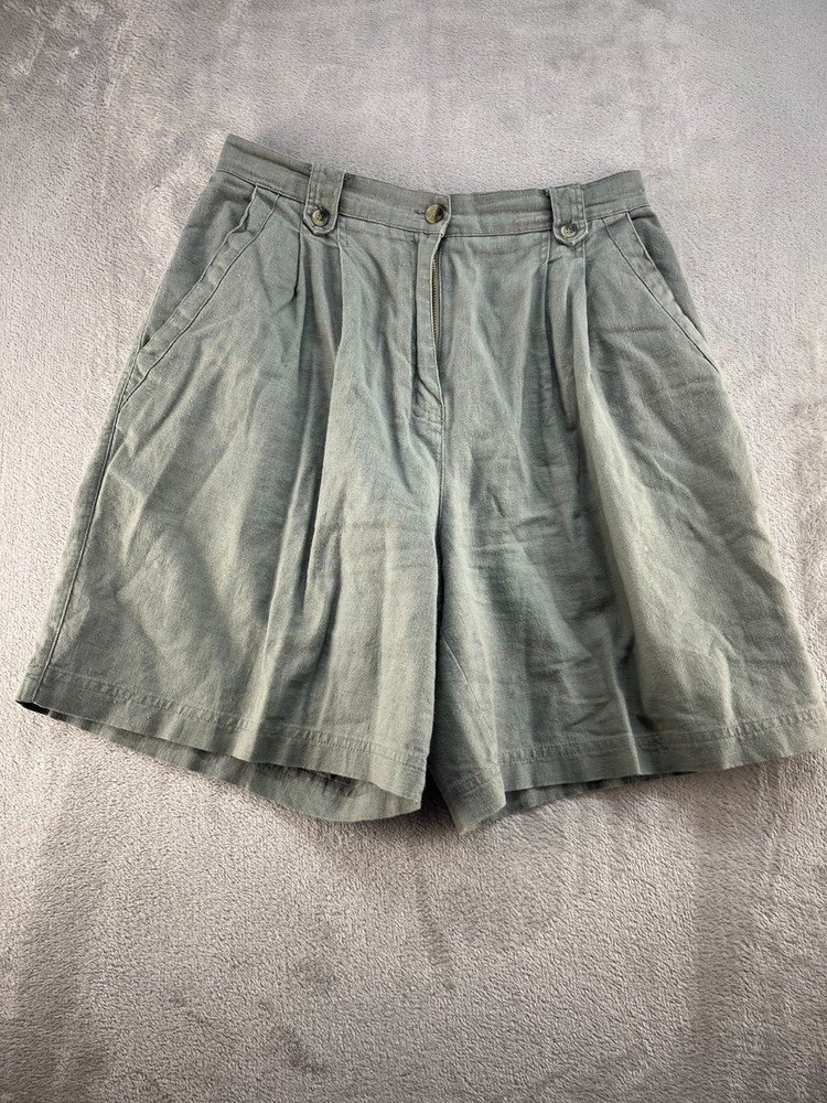 Signature Expressions High Waisted Pleated Cuffed Shorts Womens 10 P Gray Linen