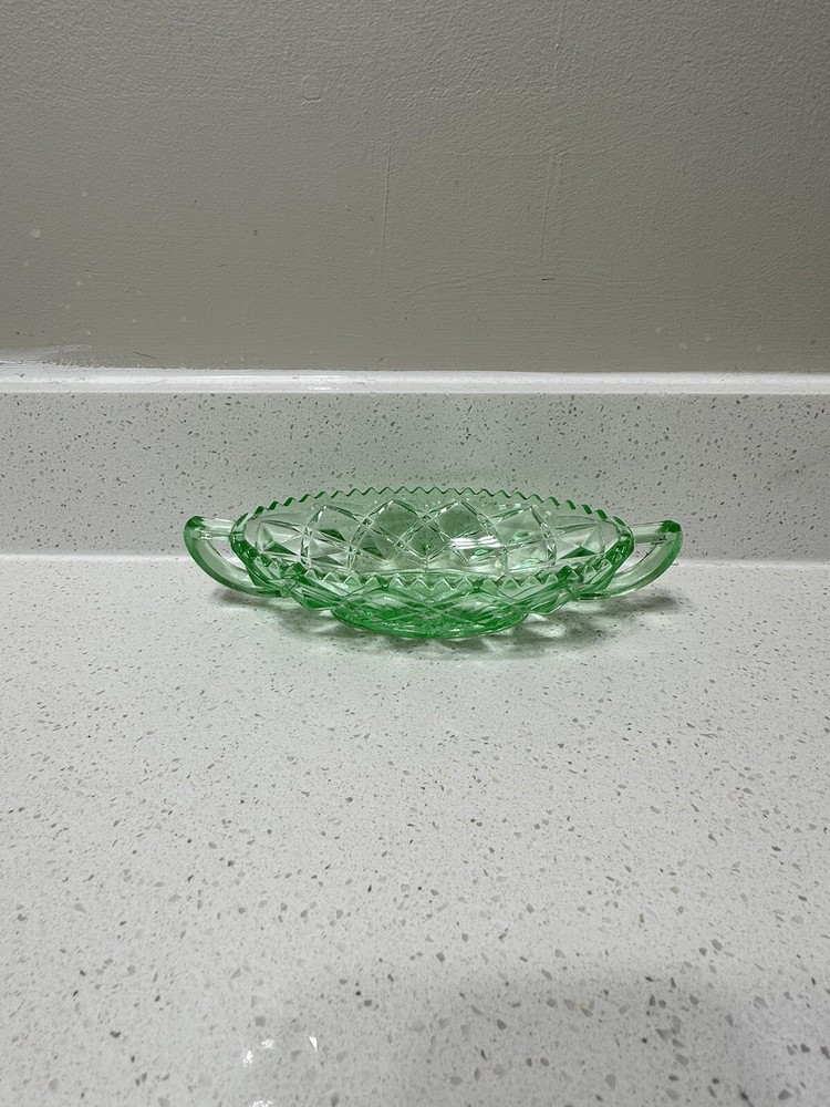 Imperial Glass- Ohio Diamond Block Green Uranium Vaseline Relish Pickle Dish