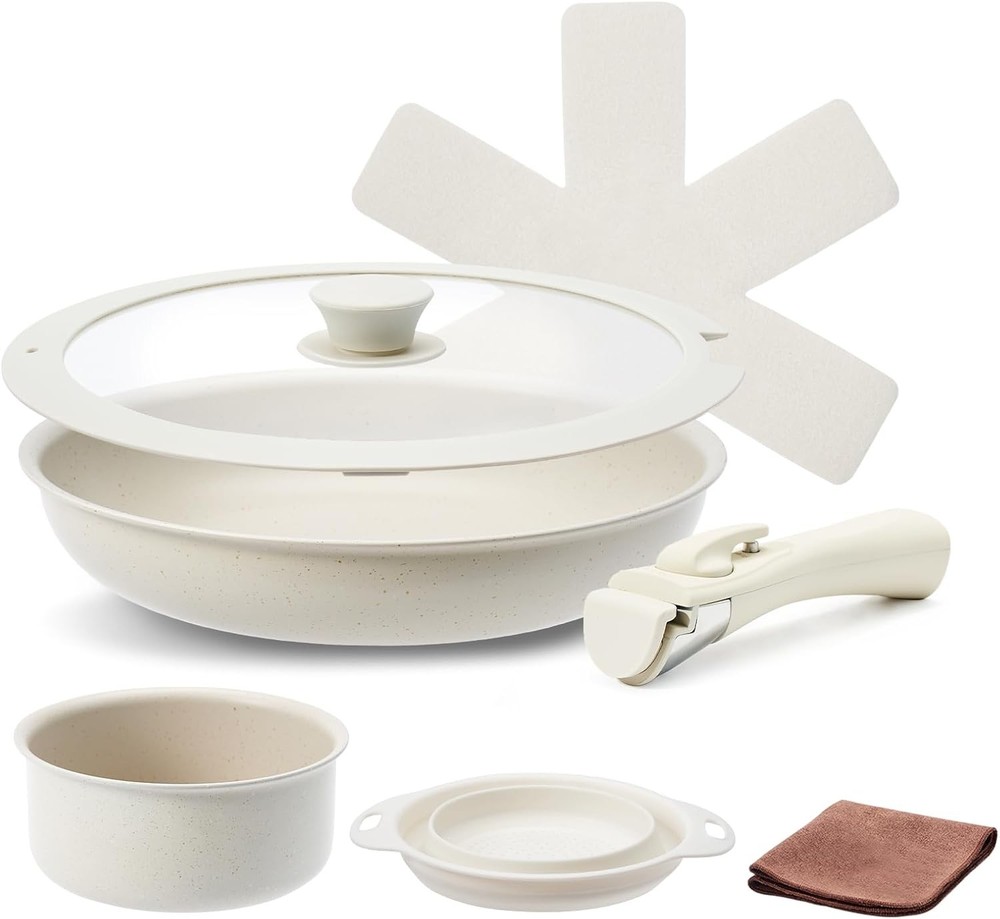 7-Piece Non Stick Ceramic Cookware Set with Detachable Mixed, Cream White