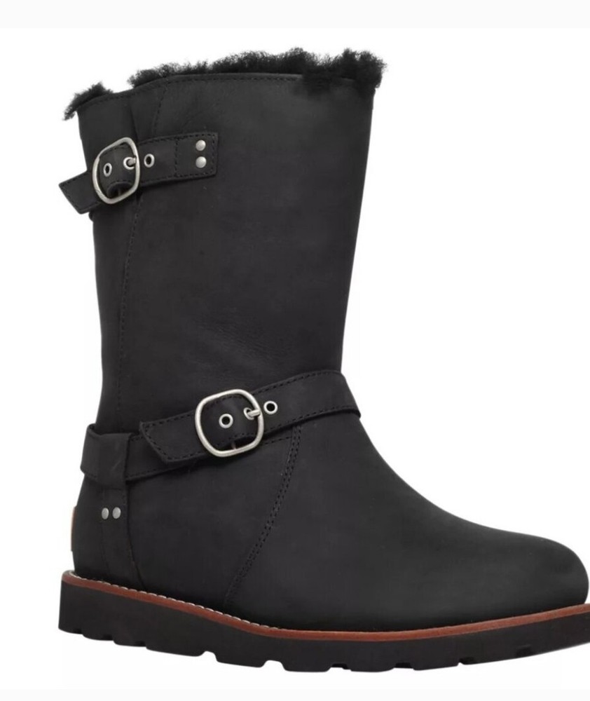 UGG Womens Noira Black Waterproof Leather Shearling Boots Size 8