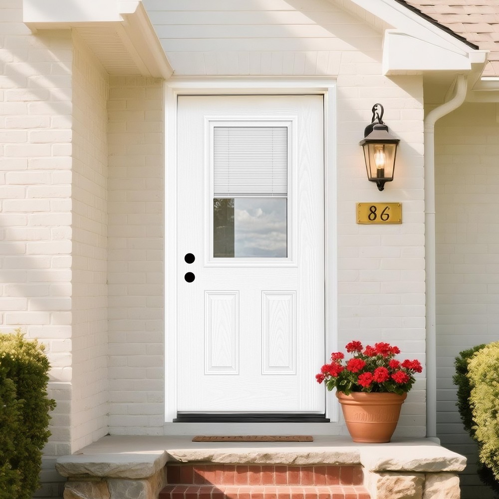 36x80 Mini Blind Glass Fiberglass RH Inswing Entry Door with Vinyl Frame and 4-9/16 Jamb