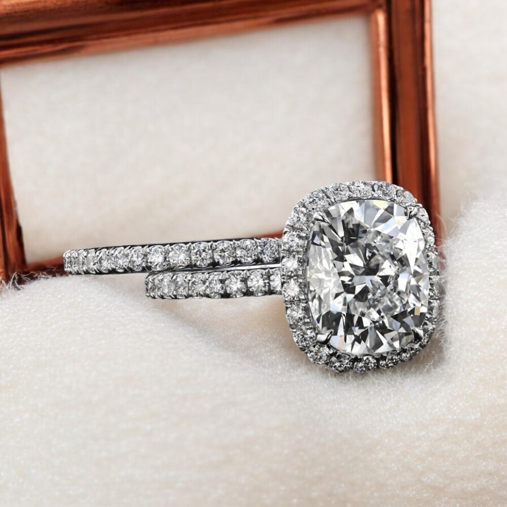 Engagement Cushion Cut Diamond Band Set 4.50 Ct Lab Created 14K White Gold IGI