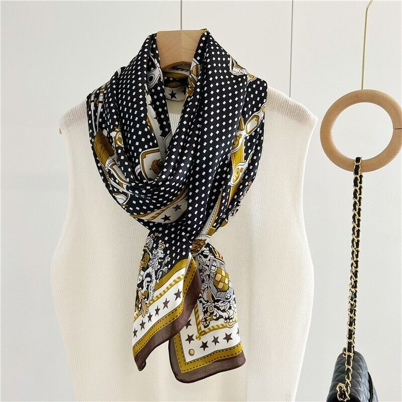 Pure 100% Mulberry Silk Shawl with Dots Print Black 180cm Oblong Scarf
