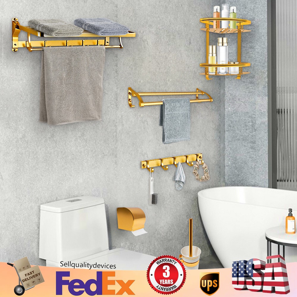 Wall-Mounted Gold Bathroom Accessories Set with Toilet Brush Holder and Towel Rack