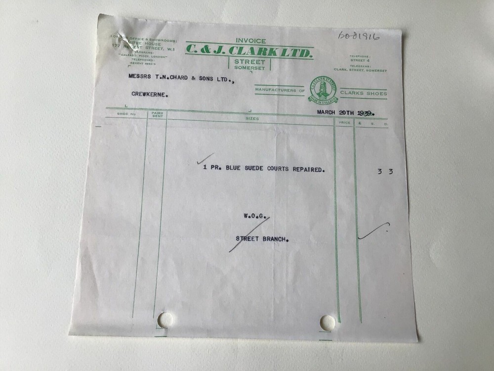 Clarks Safe for Growing feet  British Shoe Manufacturers 1939 Invoice Ref 56150