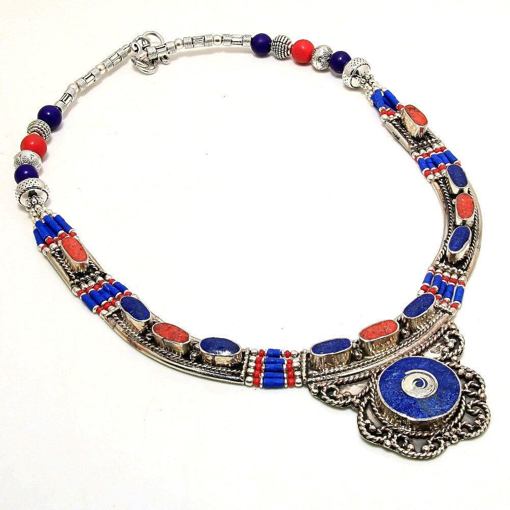 Lapis Lazuli Red Coral Handmade Ethnic Baho Jewelry Nepali Necklace 18