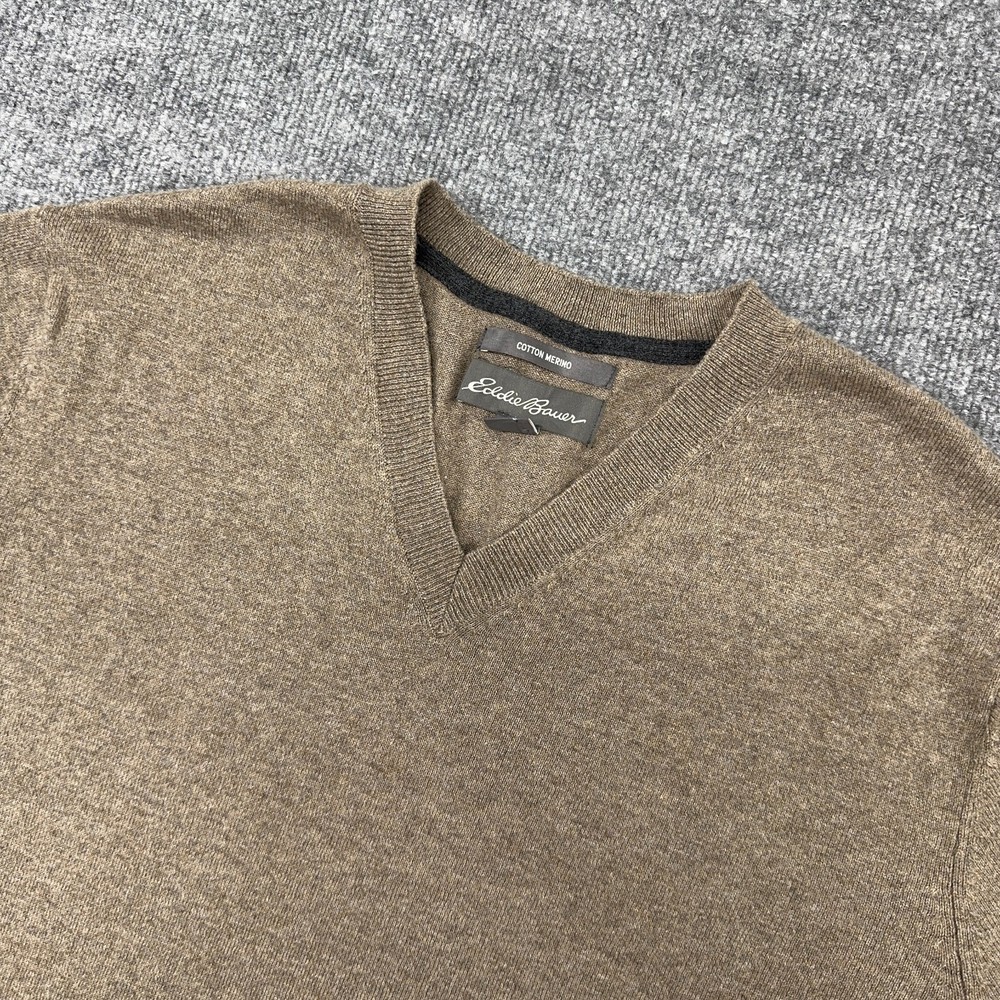 Eddie Bauer Sweater Mens L Brown V Neck Cotton Merino Wool Blend Lightweight