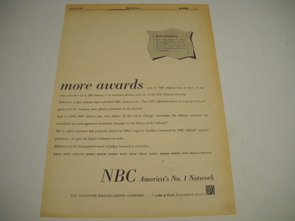 NBC America's No. 1 Network ...more awards... original 1949 Promo Poster Ad