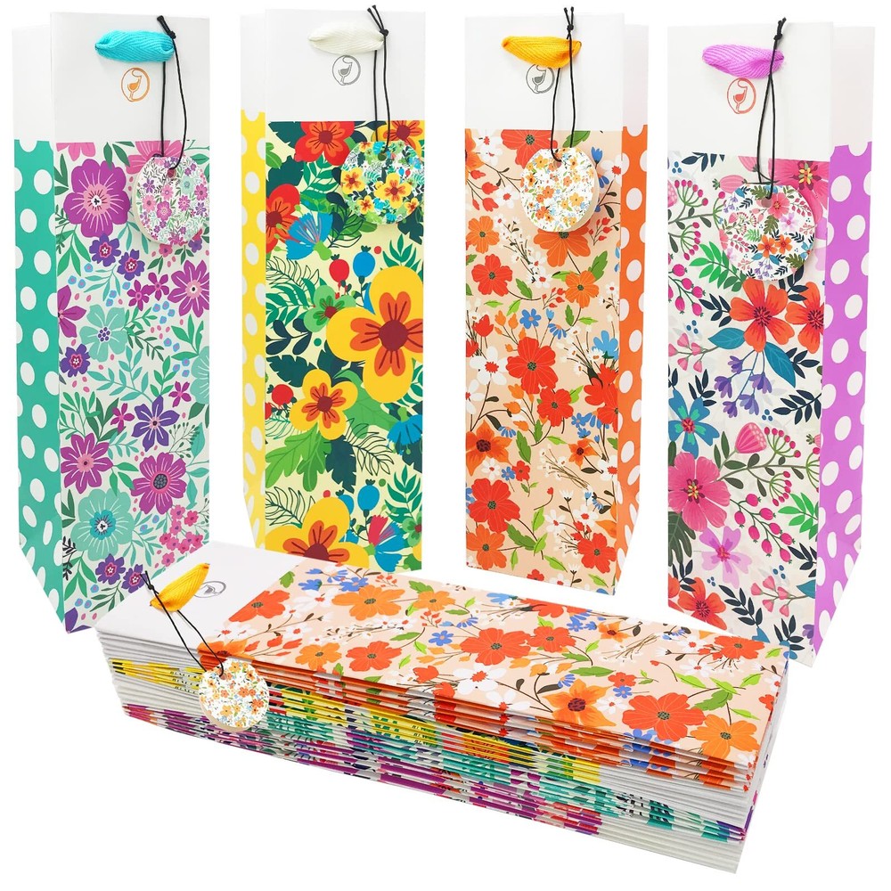 Polka Dot Floral Wine Gift Bags 12-Pack with Handles and Tags