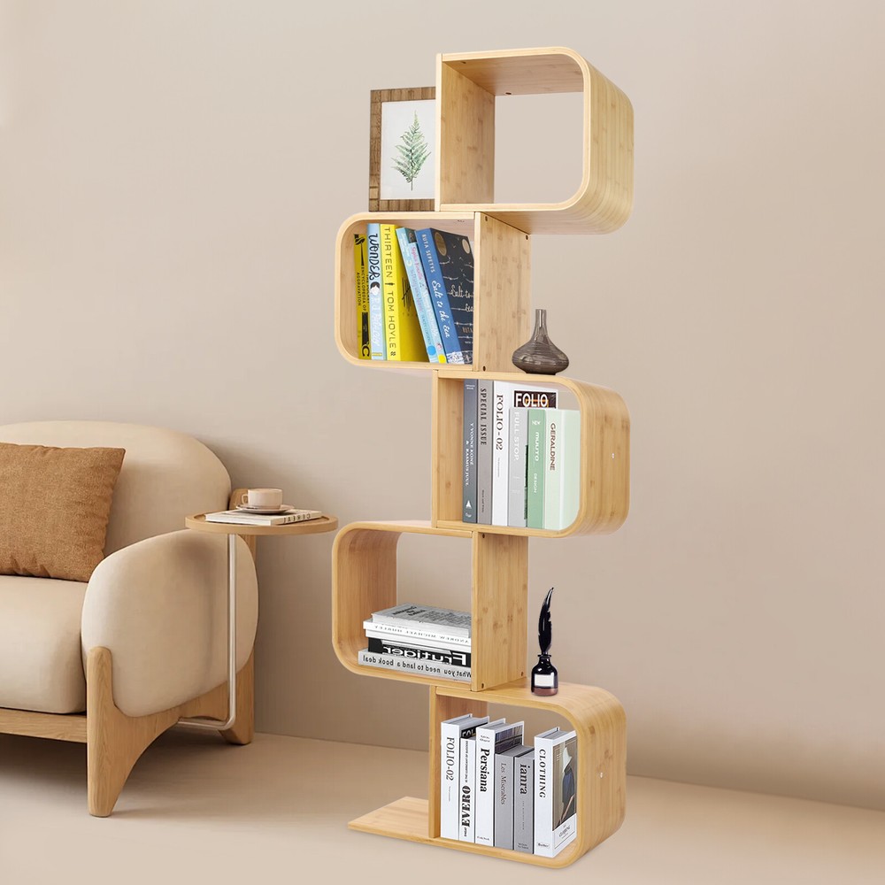 5 Tier S-Shaped Wooden Bookcase Geometric Display Shelf Room Divider Storage