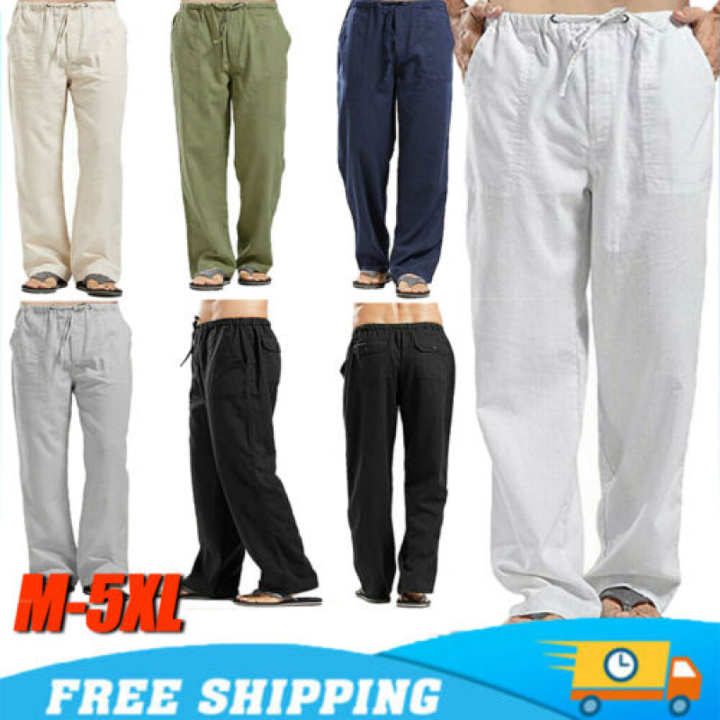 Men Causal Cotton Trousers Linen Baggy Pants Drawstring Side Back Pocket Soft UK