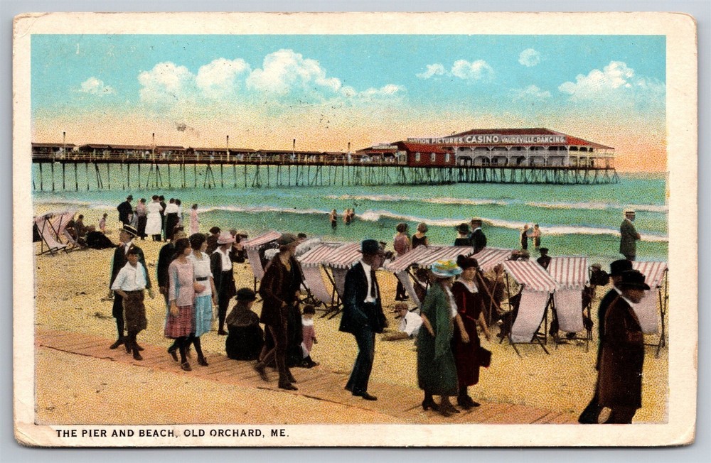 Casino Vaudeville Pier Beach Umbrella Chairs Old Orchard Maine Vintage Postcard c1915 G20 Collectible Historical Memorabilia