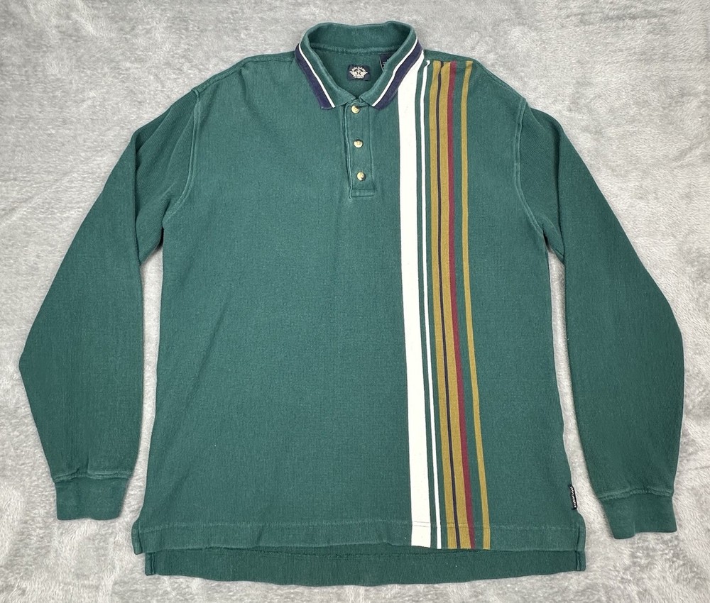 VTG 90s Dockers Polo Shirt Mens Large Green Stripes Long Sleeve Made in USA READ
