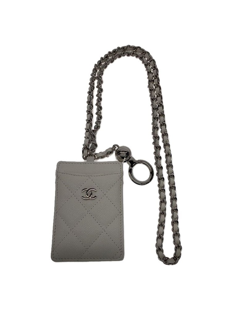 CHANEL Matelassé White ID Card Holder with Lanyard Neck Strap Pre-Owned