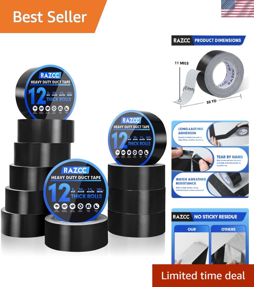 Bulk 12 Rolls Heavy Duty Duct Tape, Waterproof & Easy Tear for Crafts & Repairs