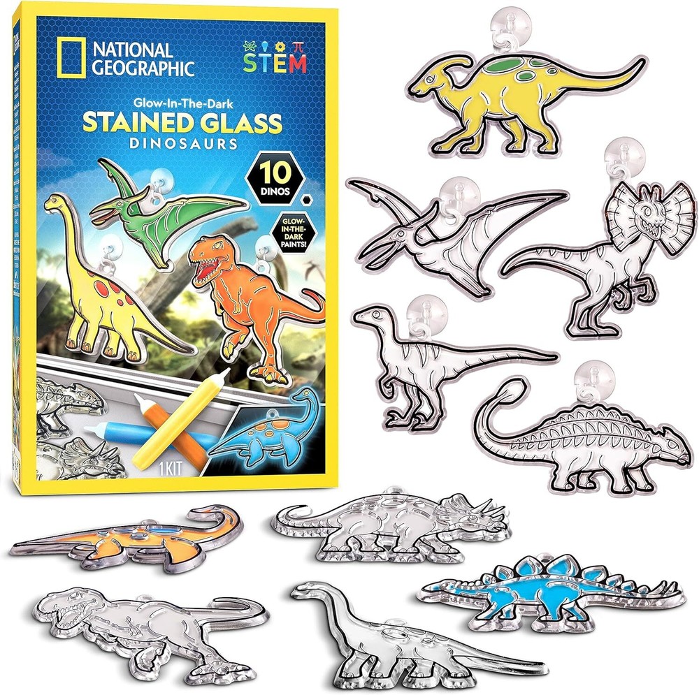 NATIONAL GEOGRAPHIC Kids Stained Glass Kit - Glow in the Dark Glowing Dinos