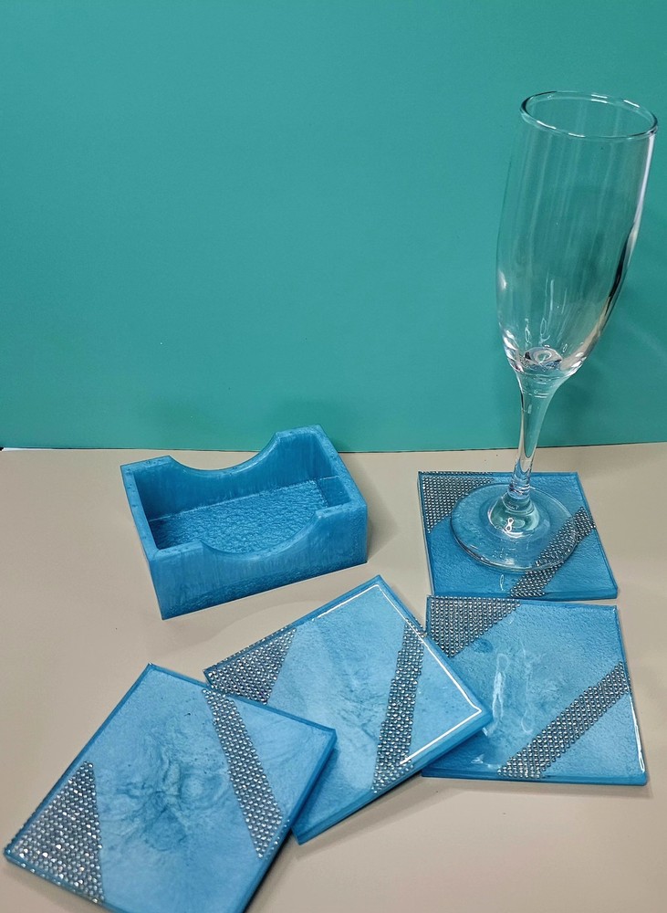 Rhinestone and Blue Square 5-Piece Handmade Coaster Set