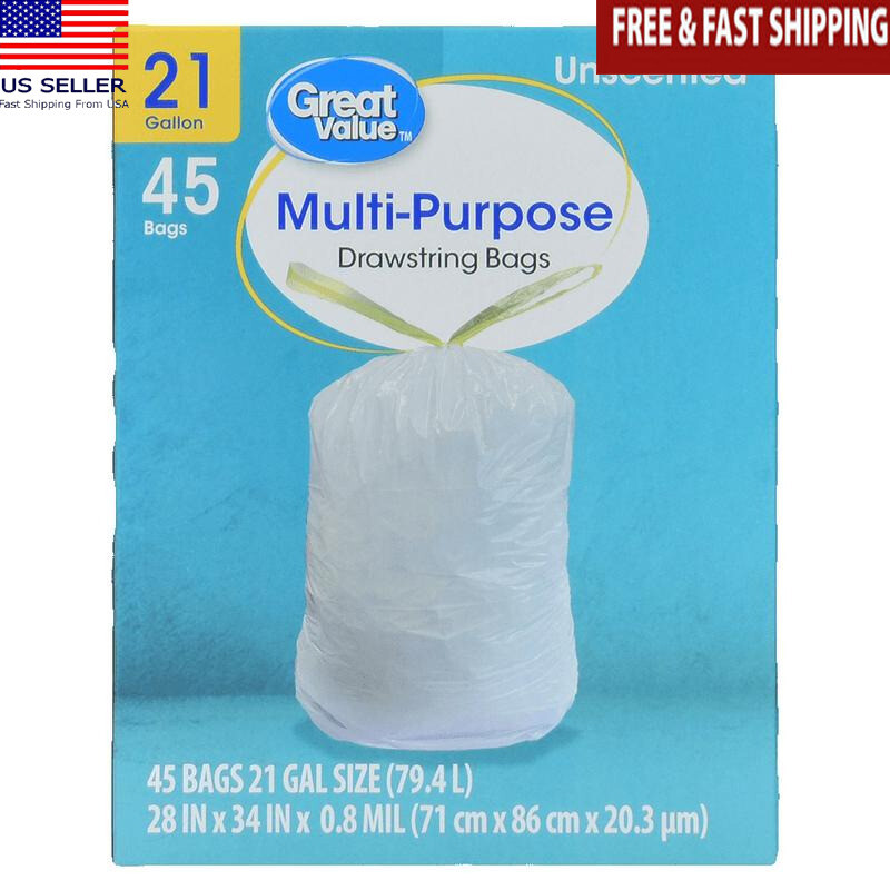 21 Gallon Drawstring Trash Bags Unscented Leakproof Puncture Resistant 45 Count