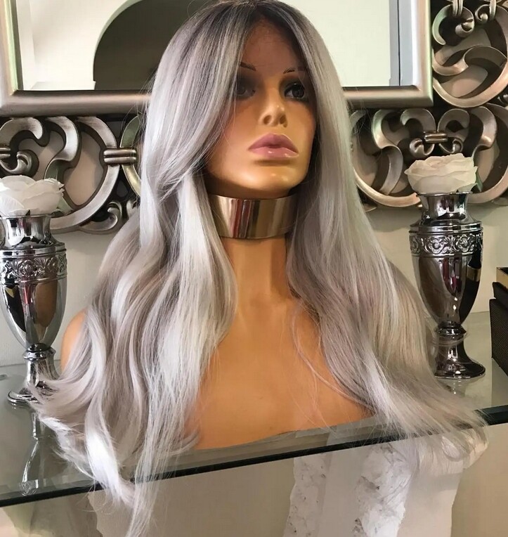 Ombre Grey Wig For Women Natural Wavy 13x4 Lace Front Human Hair Wig