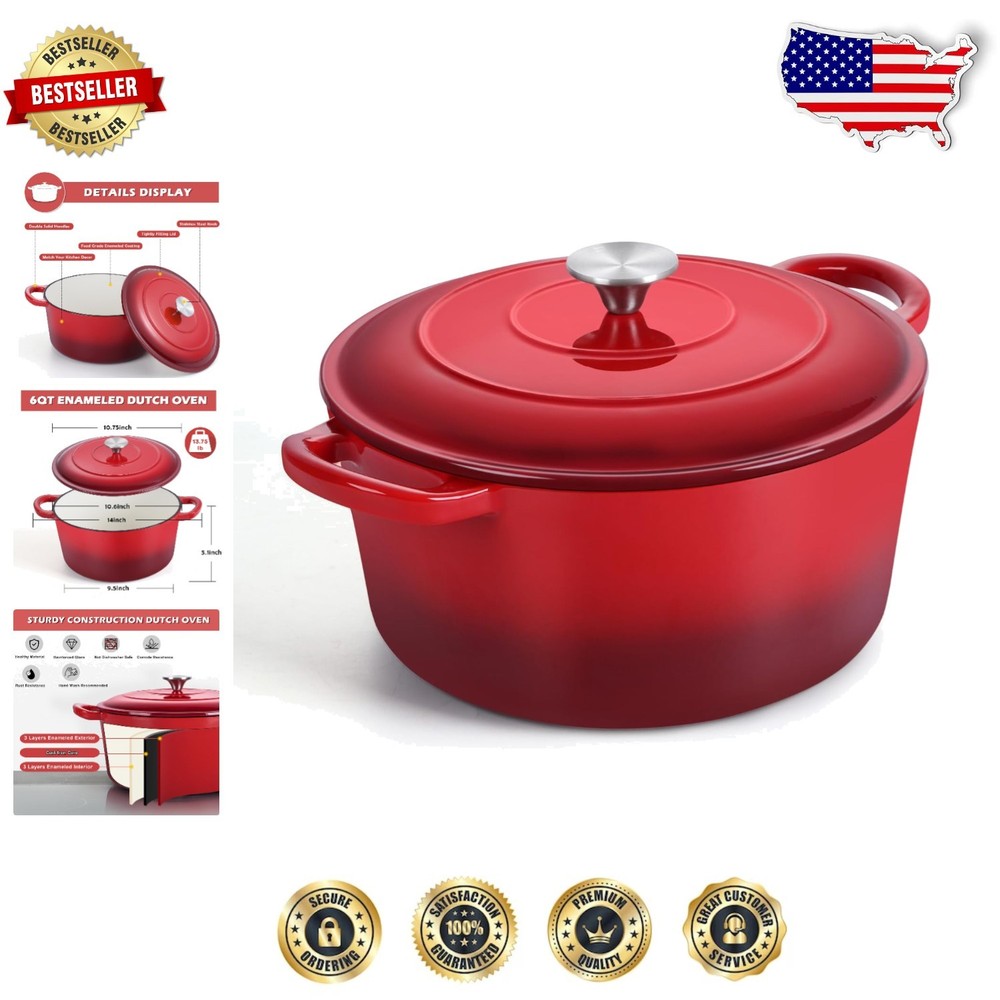 Elegant 6 Quart Red Enameled Cast Iron Dutch Oven - Oven Safe & Stylish