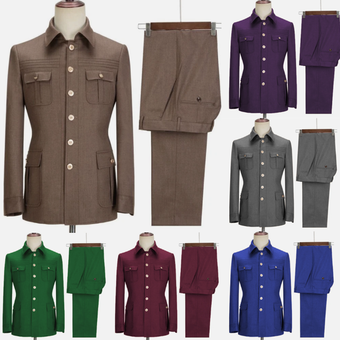 Men's Safari Jacket Formal Multi-Pocket Outdoor Hunting Coat Wedding Groom 2Pcs