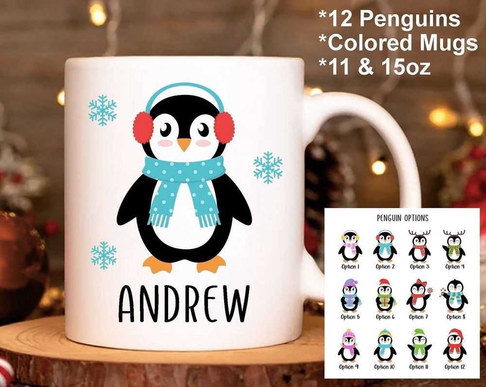 Personalized Penguin Christmas Mug for Kids Hot Chocolate Gift