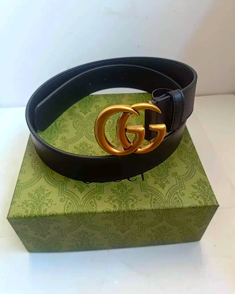 GUCCI BELT FOR WOMEN GOLDEN BUCKLE CALFSKIN LEATHER BELT SIZE 100 BLACK
