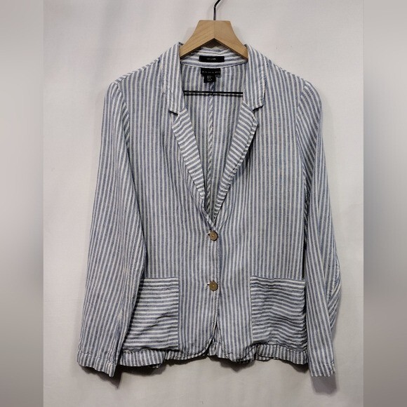 Tahari 100% Linen Stripped Blazer Jacket Womens Size M Blue White Retro 90s Y2K