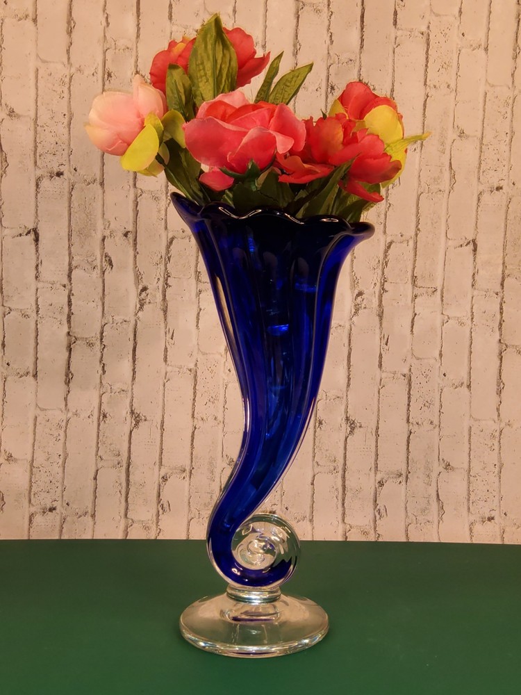 SABINA Glassworks Of Poland Art Glass Vase/Cornucopia 12” Cobalt Blue HandBlown
