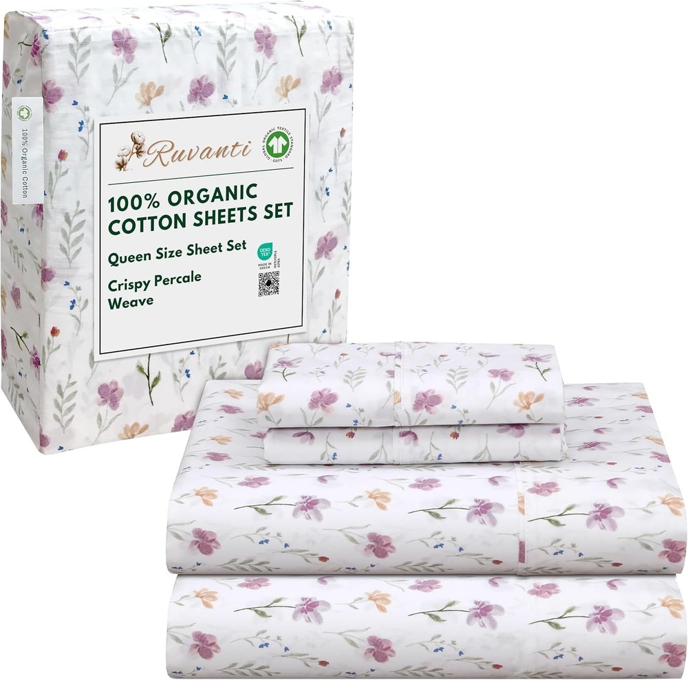 100% Organic Cotton Sheets Queen Size, Percale Weave,GOTS Certified, 4-Piece Set