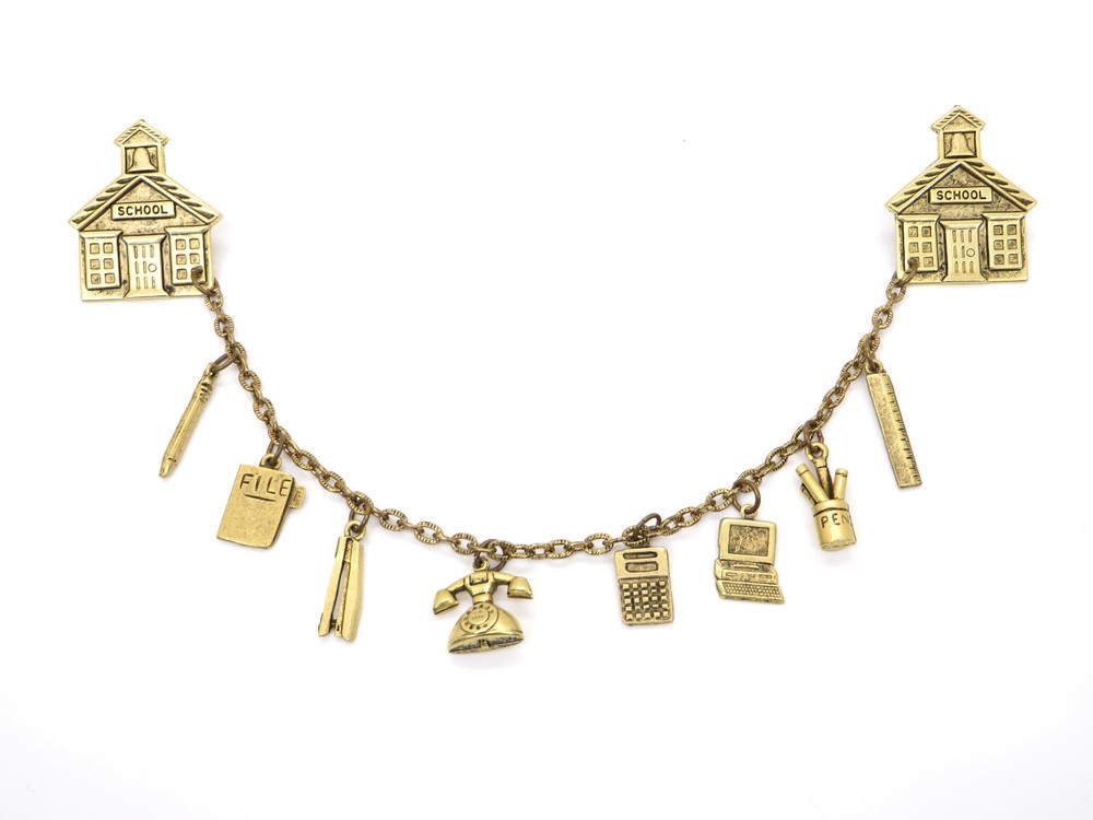 Vintage Back To School Pin Brooch Tie Clip Charm Chain - Unique!-image