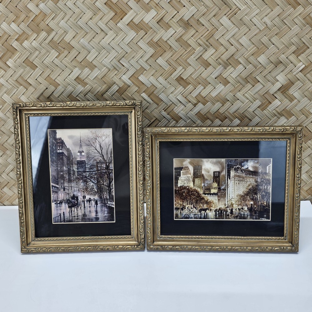 2 Framed Cityscape Art Prints: Grand Plaza & Empire State in Gold & Black Signed