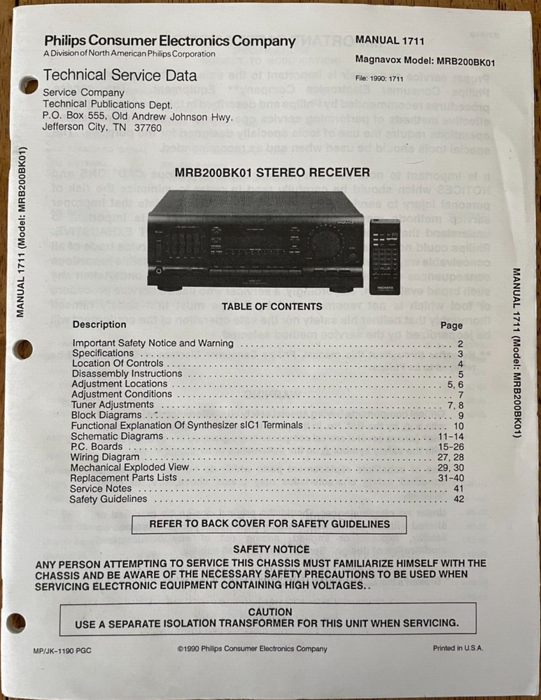 PHILIPS 1711 MRB200BK01 MAGNAVOX AMPLIFIER ORIGINAL SERVICE REPAIR MANUAL