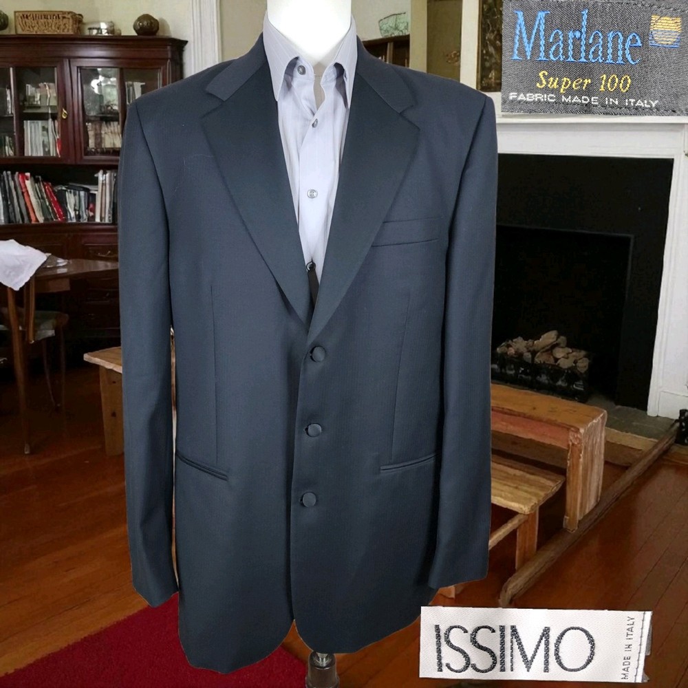 Italian Microherringbone 3-Button Issimo Jacket Blazer Mens 46XL Black