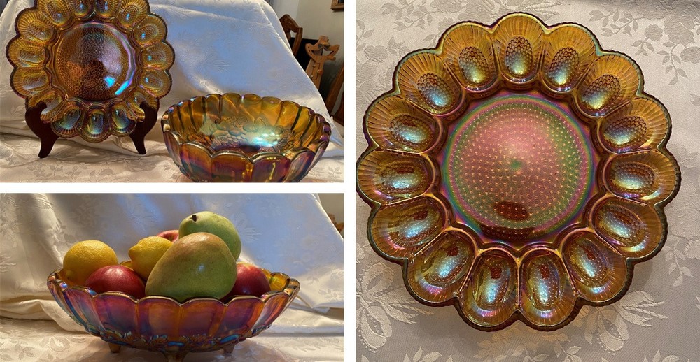 Colored Vintage Glassware Bundle, One Oblong FruitBowl & One Deviled Egg Platter