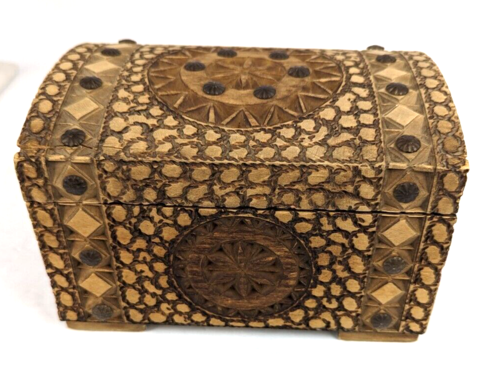 Vintage Hand-Carved Wooden Domed Jewelry Box with Studs 7 Inch