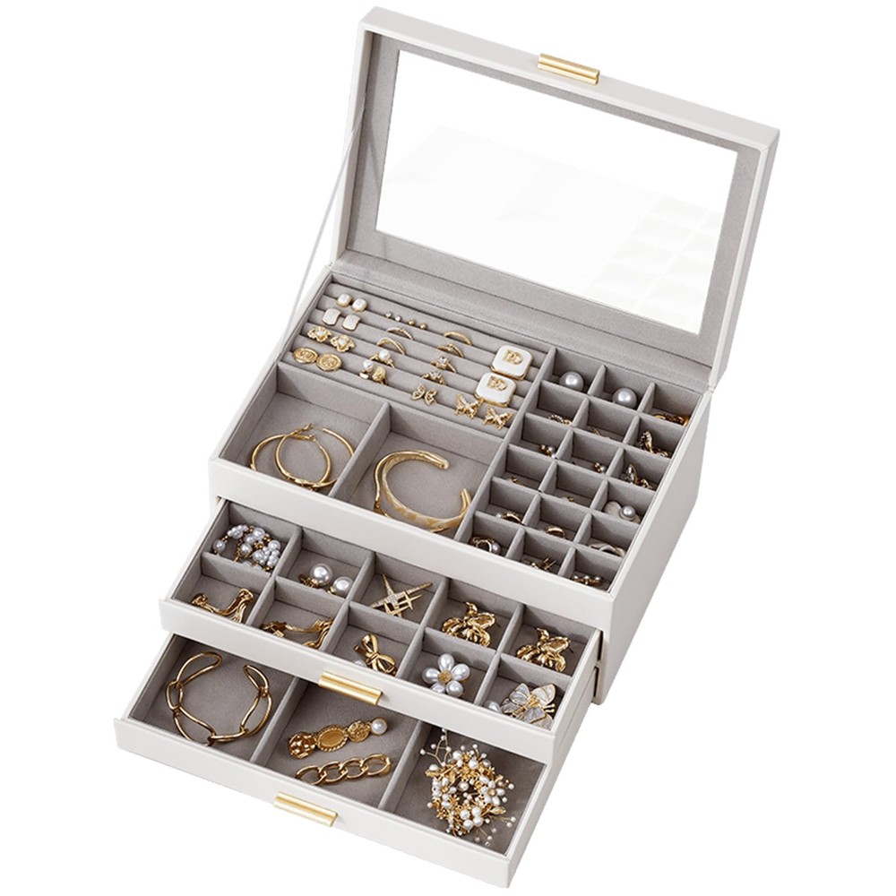 3-Layer Women’s Jewelry Organizer with Double Drawers and Glass Lid Storage Box